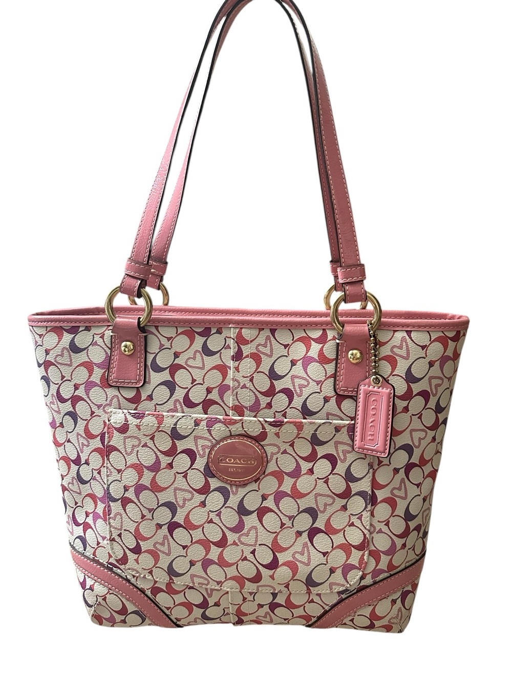 Coach Heritage Bias Signature Heart Tote Bag F18426 Pink Multi Canvas NWOT